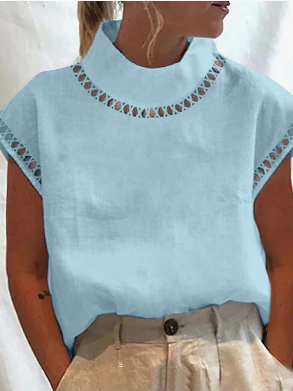 Light Blue Crochet-Trim Cap Sleeve Top - Women